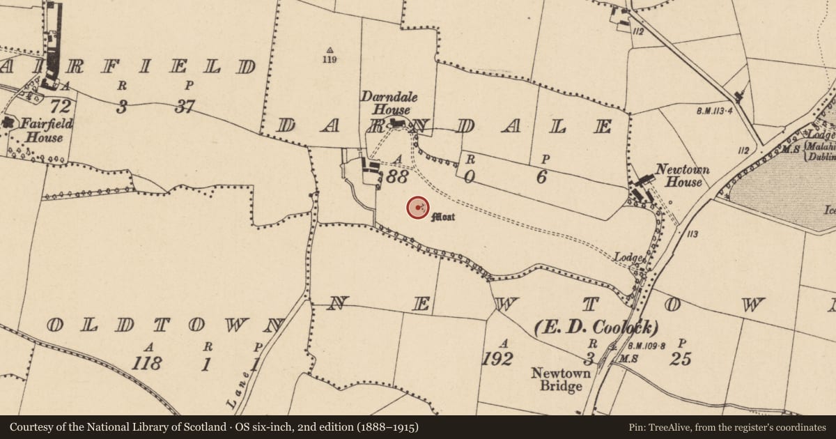 Ordnance Survey six-inch map, 2nd edition (1888–1915) covering the location of Earthwork, County Dublin, with a pin at the register's coordinates