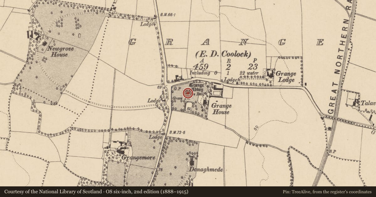 Ordnance Survey six-inch map, 2nd edition (1888–1915) covering the location of Church, County Dublin, with a pin at the register's coordinates
