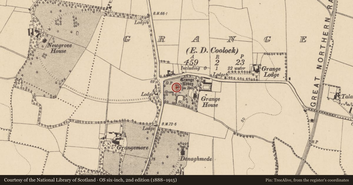 Ordnance Survey six-inch map, 2nd edition (1888–1915) covering the location of Graveyard, County Dublin, with a pin at the register's coordinates
