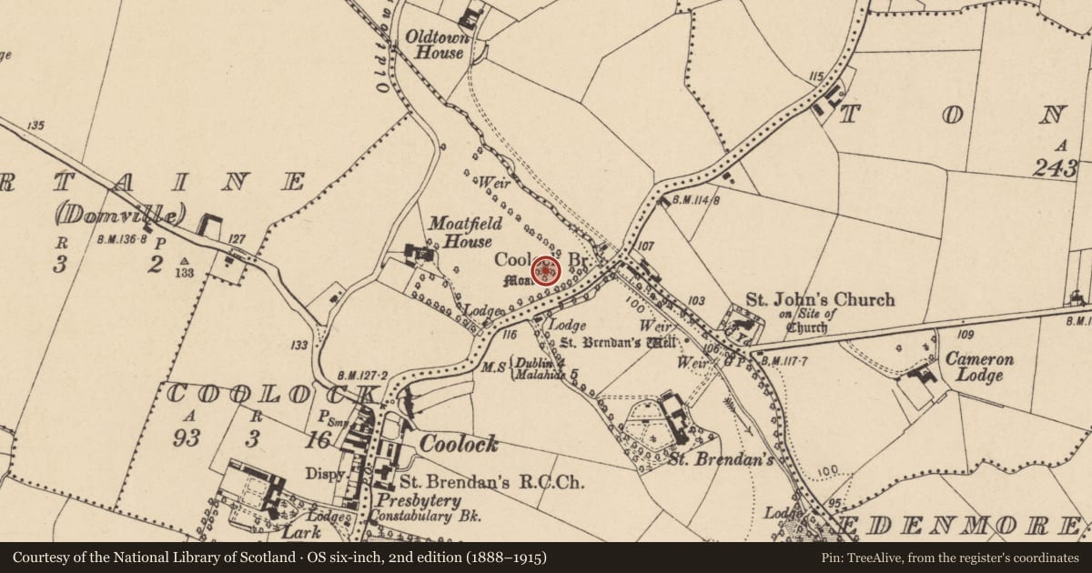 Ordnance Survey six-inch map, 2nd edition (1888–1915) covering the location of Mound, County Dublin, with a pin at the register's coordinates