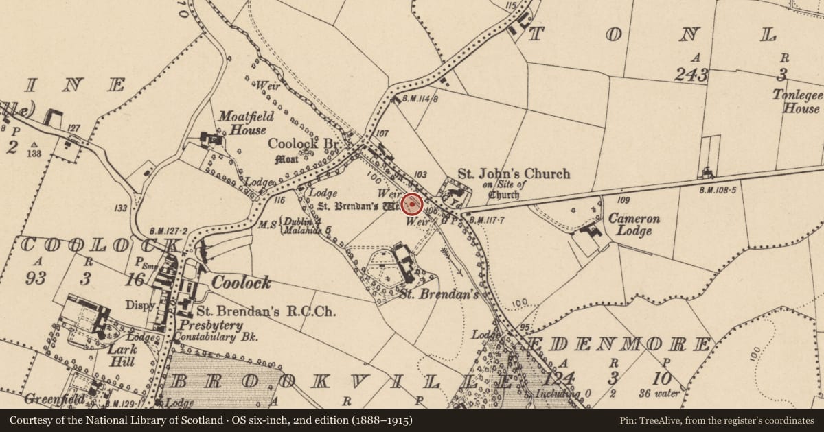 Ordnance Survey six-inch map, 2nd edition (1888–1915) covering the location of Ritual site - holy well, County Dublin, with a pin at the register's coordinates