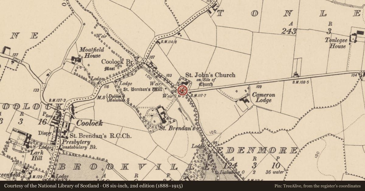 Ordnance Survey six-inch map, 2nd edition (1888–1915) covering the location of Ecclesiastical enclosure, County Dublin, with a pin at the register's coordinates