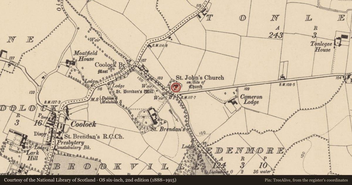 Ordnance Survey six-inch map, 2nd edition (1888–1915) covering the location of Cross, County Dublin, with a pin at the register's coordinates