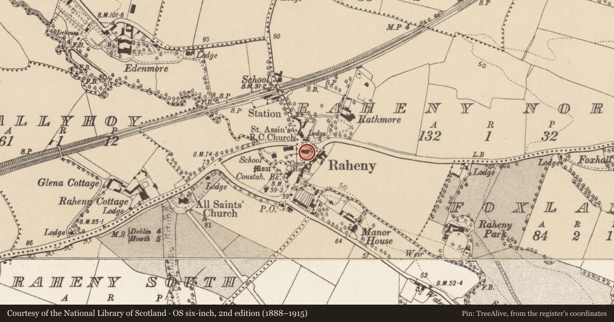 Ordnance Survey six-inch map, 2nd edition (1888–1915) covering the location of Church, County Dublin, with a pin at the register's coordinates