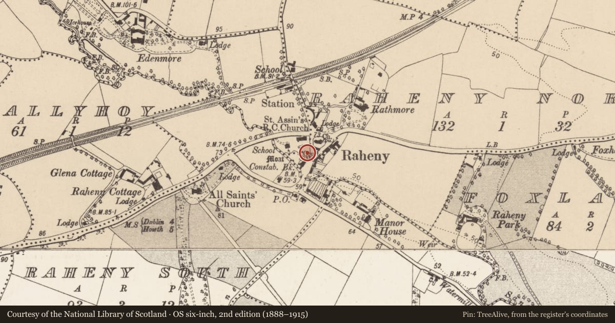 Ordnance Survey six-inch map, 2nd edition (1888–1915) covering the location of Ecclesiastical enclosure, County Dublin, with a pin at the register's coordinates