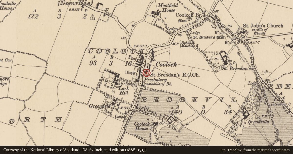 Ordnance Survey six-inch map, 2nd edition (1888–1915) covering the location of Chapel, County Dublin, with a pin at the register's coordinates