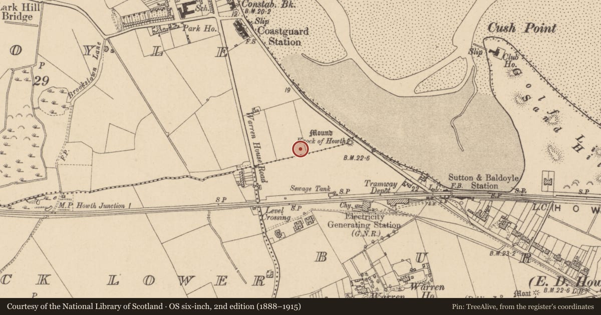 Ordnance Survey six-inch map, 2nd edition (1888–1915) covering the location of Rabbit warren, Baldoyle, County Dublin, with a pin at the register's coordinates