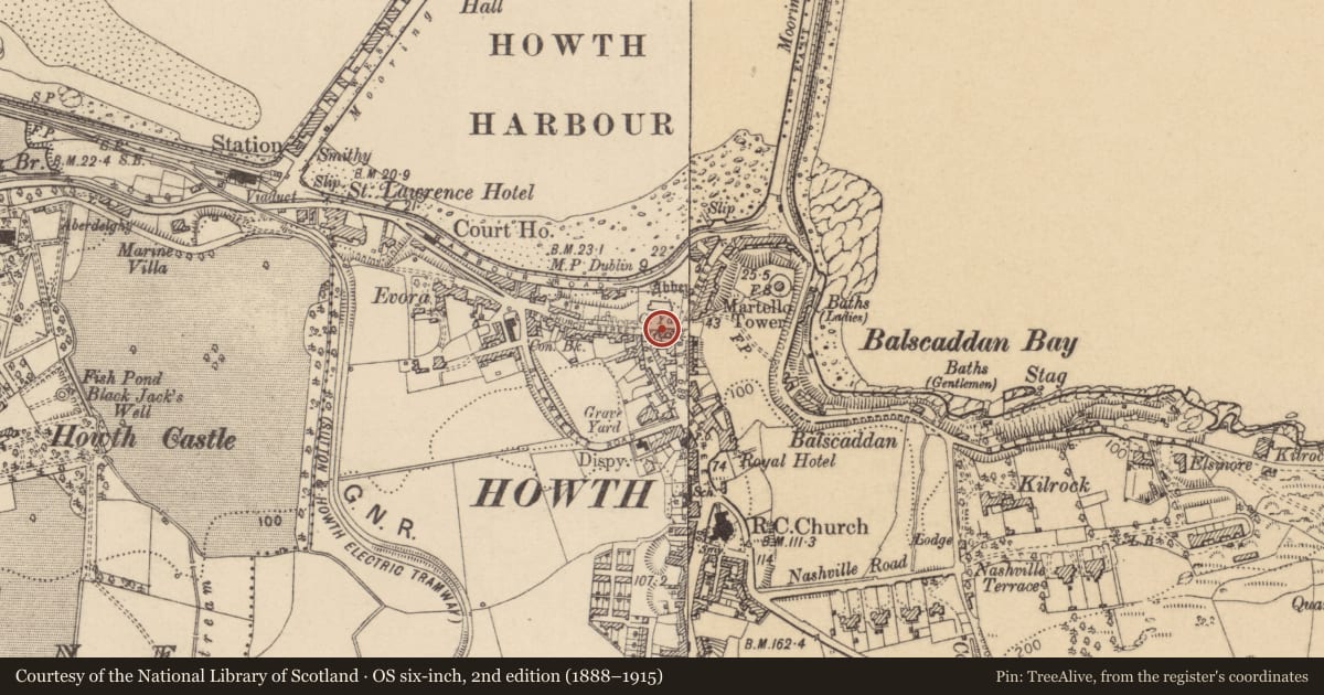 Ordnance Survey six-inch map, 2nd edition (1888–1915) covering the location of Building, Howth, County Dublin, with a pin at the register's coordinates