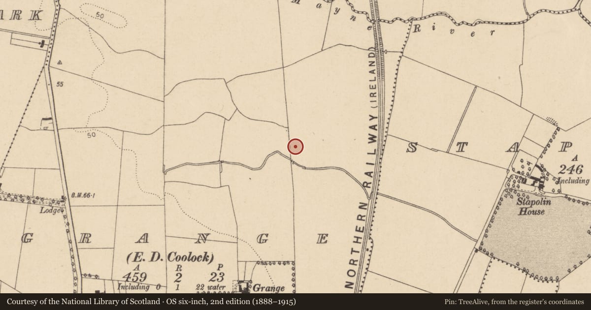 Ordnance Survey six-inch map, 2nd edition (1888–1915) covering the location of Burnt mound, County Dublin, with a pin at the register's coordinates