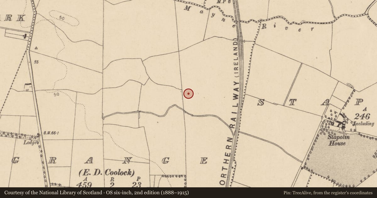 Ordnance Survey six-inch map, 2nd edition (1888–1915) covering the location of Burnt mound, County Dublin, with a pin at the register's coordinates