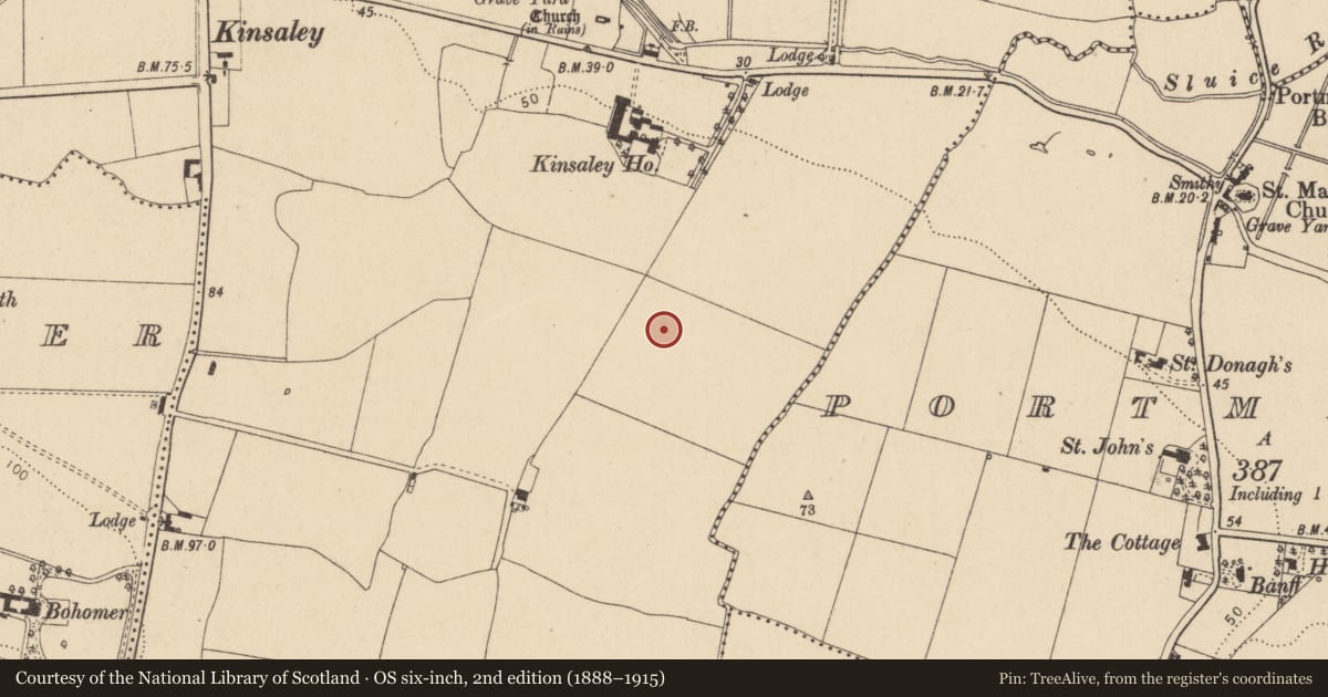 Ordnance Survey six-inch map, 2nd edition (1888–1915) covering the location of Enclosure, Kinsaley, County Dublin, with a pin at the register's coordinates