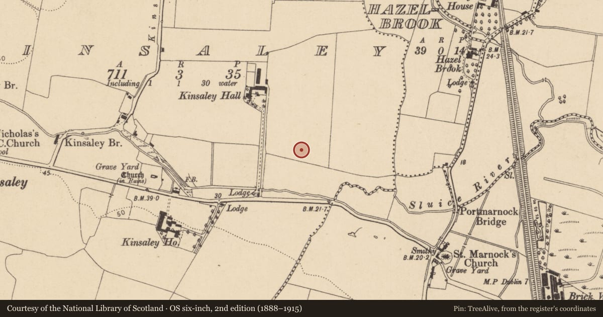 Ordnance Survey six-inch map, 2nd edition (1888–1915) covering the location of Enclosure, Kinsaley, County Dublin, with a pin at the register's coordinates