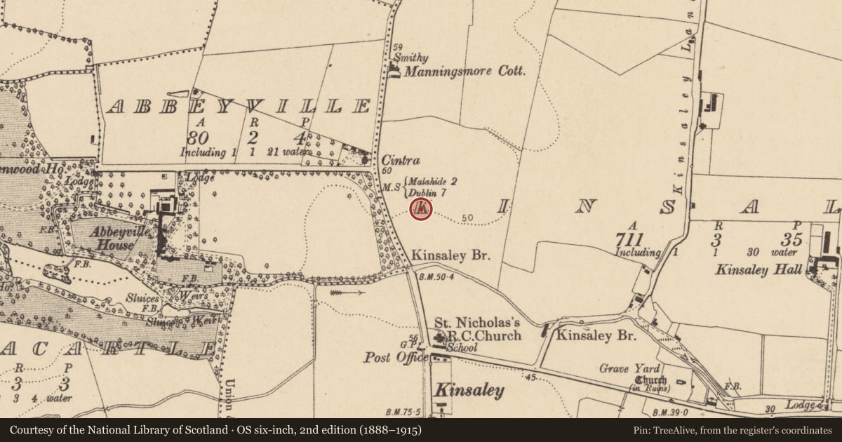 Ordnance Survey six-inch map, 2nd edition (1888–1915) covering the location of Enclosure, Kinsaley, County Dublin, with a pin at the register's coordinates