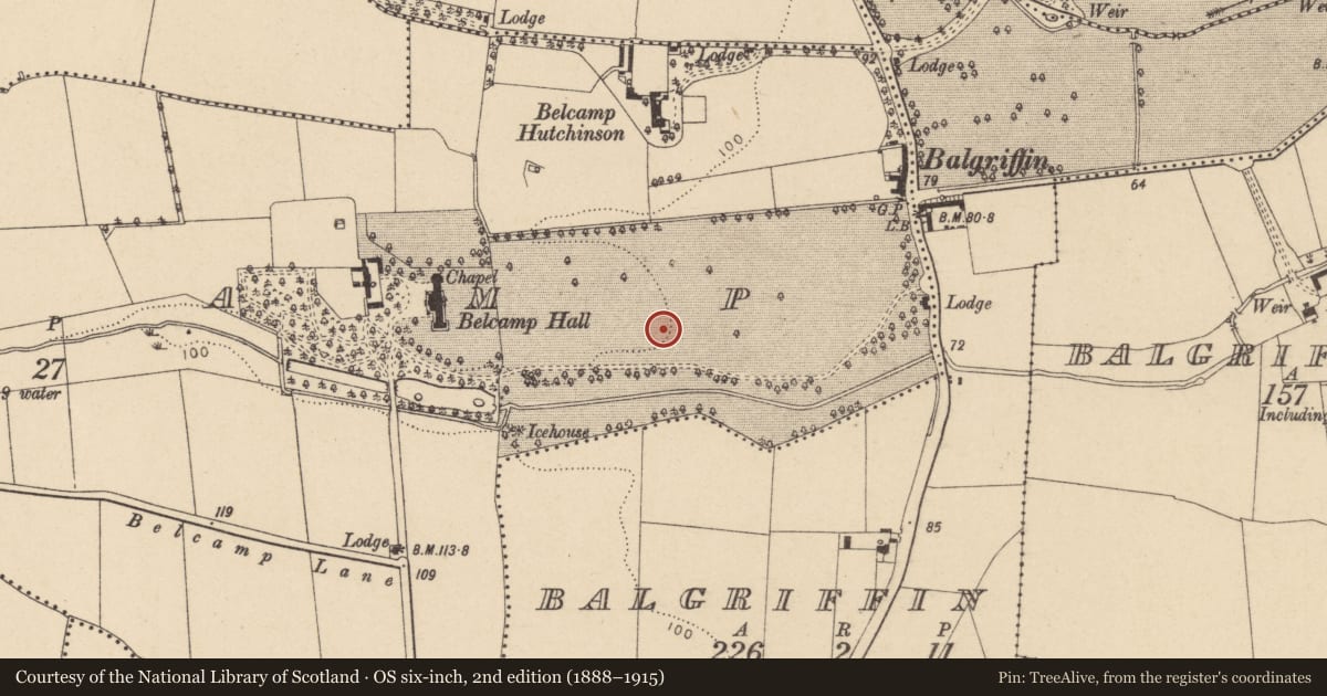 Ordnance Survey six-inch map, 2nd edition (1888–1915) covering the location of Ring-ditch, Belcamp, County Dublin, with a pin at the register's coordinates
