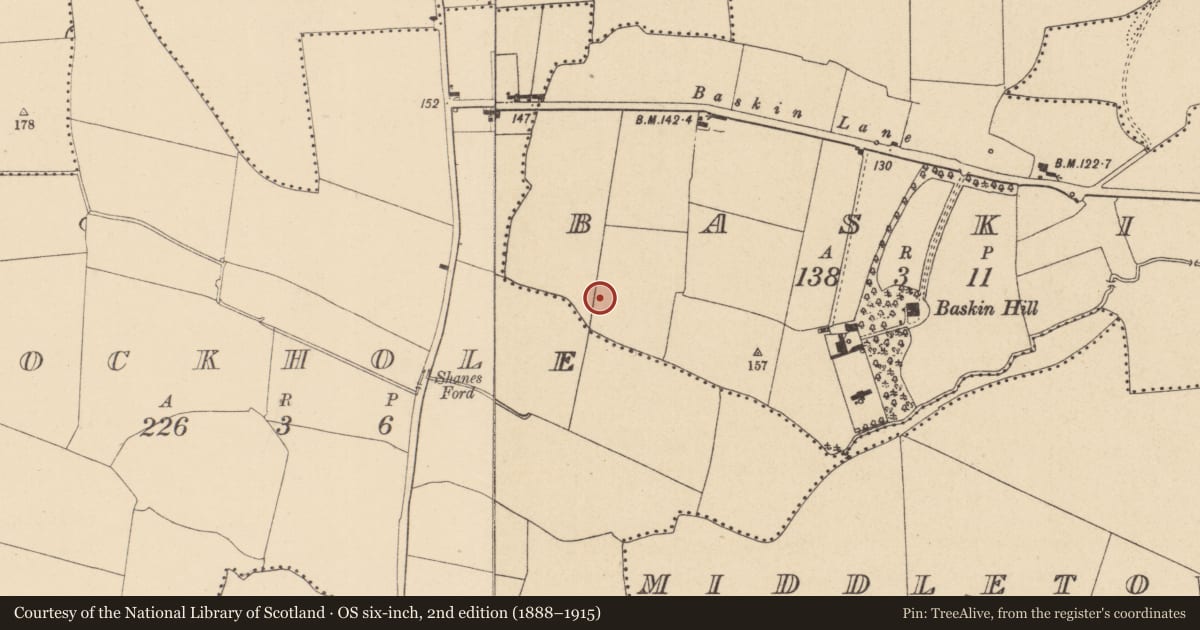 Ordnance Survey six-inch map, 2nd edition (1888–1915) covering the location of Enclosure, Baskin, County Dublin, with a pin at the register's coordinates