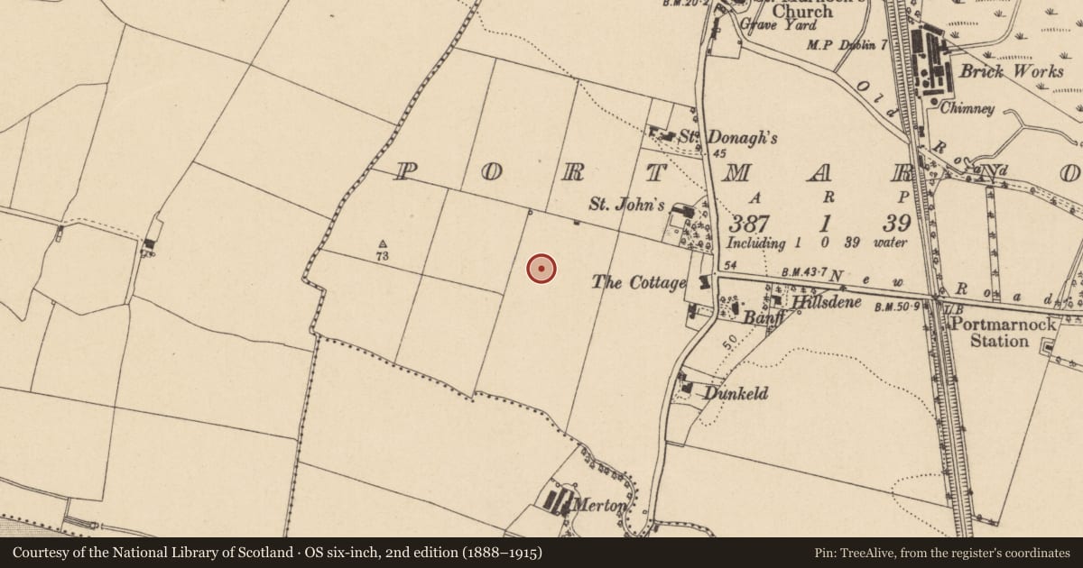 Ordnance Survey six-inch map, 2nd edition (1888–1915) covering the location of Enclosure, Portmarnock, County Dublin, with a pin at the register's coordinates