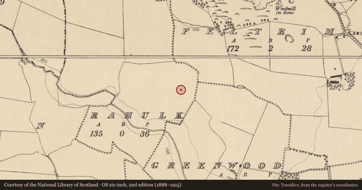 Ordnance Survey six-inch map, 2nd edition (1888–1915) covering the location of Enclosure, Rahulk, County Dublin, with a pin at the register's coordinates