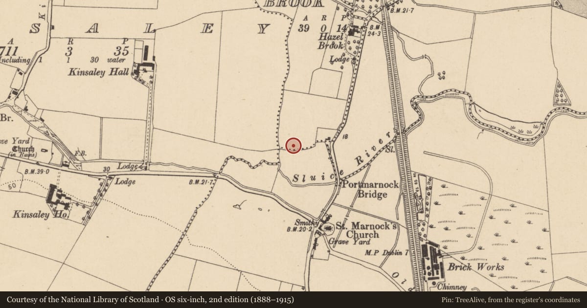 Ordnance Survey six-inch map, 2nd edition (1888–1915) covering the location of Ring-ditch, Hazelbrook, County Dublin, with a pin at the register's coordinates