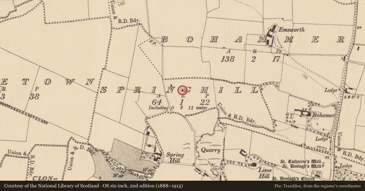Ordnance Survey six-inch map, 2nd edition (1888–1915) covering the location of Ring-ditch, Springhill, County Dublin, with a pin at the register's coordinates