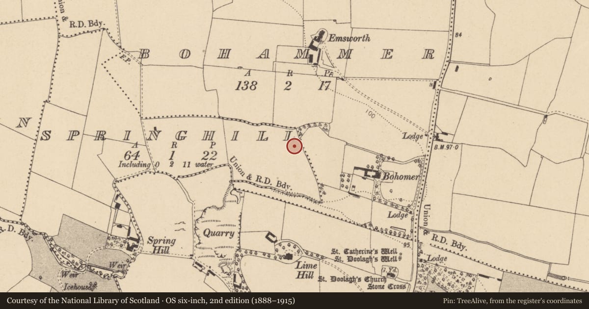 Ordnance Survey six-inch map, 2nd edition (1888–1915) covering the location of Ring-ditch, Springhill, County Dublin, with a pin at the register's coordinates
