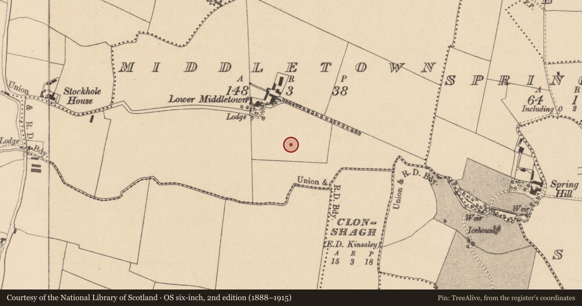 Ordnance Survey six-inch map, 2nd edition (1888–1915) covering the location of Enclosure, Middletown, County Dublin, with a pin at the register's coordinates
