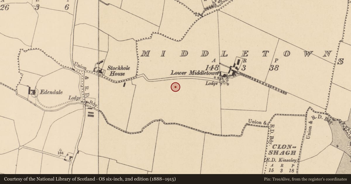 Ordnance Survey six-inch map, 2nd edition (1888–1915) covering the location of Enclosure, Middletown, County Dublin, with a pin at the register's coordinates