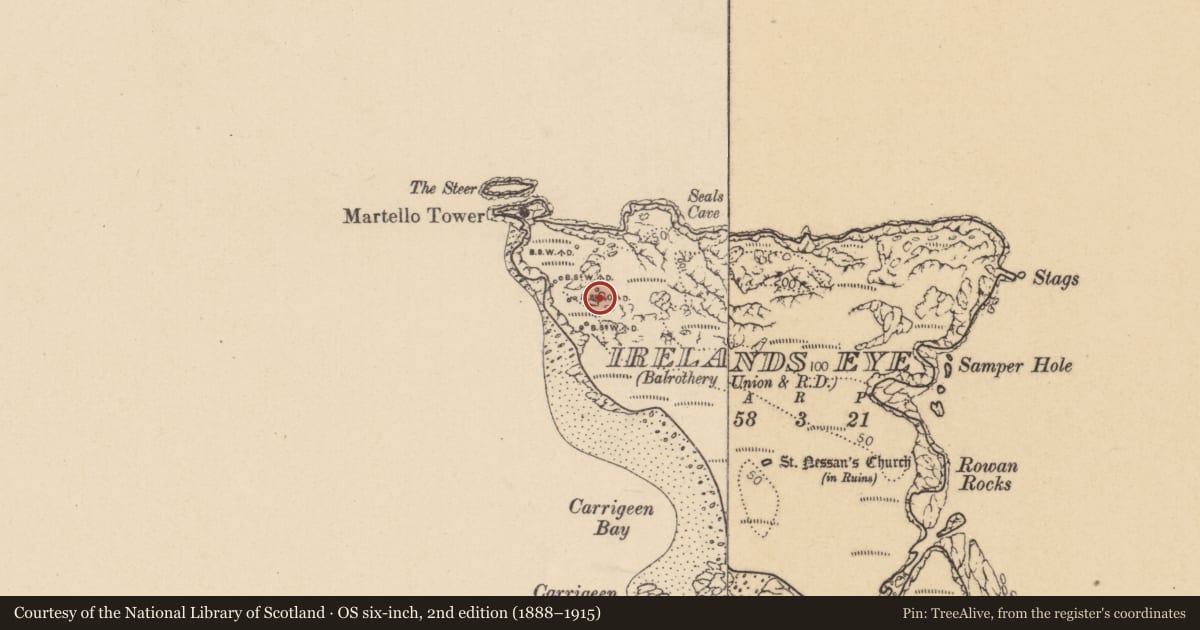 Ordnance Survey six-inch map, 2nd edition (1888–1915) covering the location of Ritual site - holy well, Irelands Eye, County Dublin, with a pin at the register's coordinates