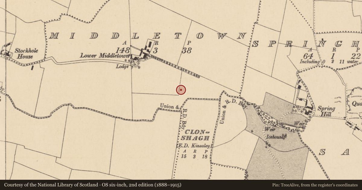 Ordnance Survey six-inch map, 2nd edition (1888–1915) covering the location of Earthwork, Middletown, County Dublin, with a pin at the register's coordinates