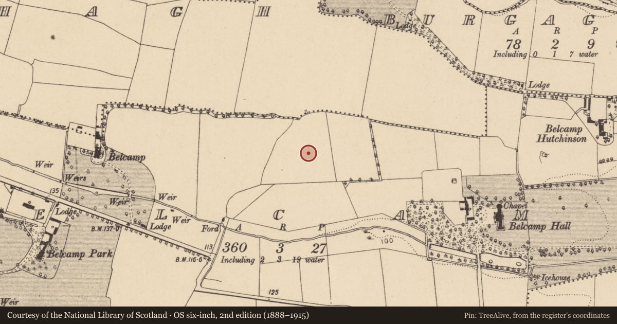 Ordnance Survey six-inch map, 2nd edition (1888–1915) covering the location of Earthwork, Belcamp, County Dublin, with a pin at the register's coordinates