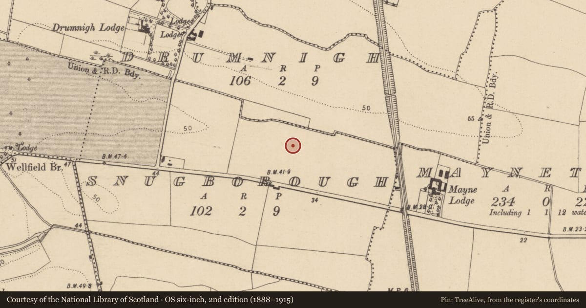 Ordnance Survey six-inch map, 2nd edition (1888–1915) covering the location of Earthwork, Snugborough, County Dublin, with a pin at the register's coordinates