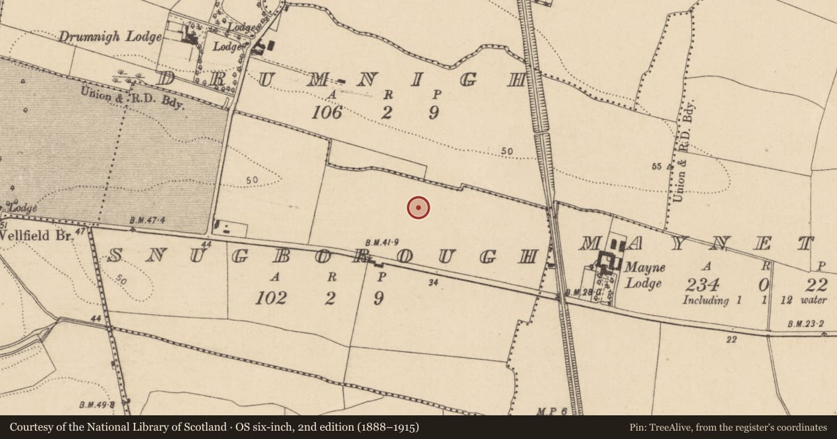 Ordnance Survey six-inch map, 2nd edition (1888–1915) covering the location of Earthwork, Snugborough, County Dublin, with a pin at the register's coordinates