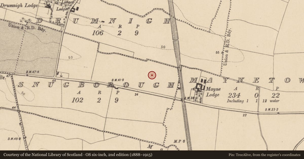 Ordnance Survey six-inch map, 2nd edition (1888–1915) covering the location of Ring-ditch, Snugborough, County Dublin, with a pin at the register's coordinates