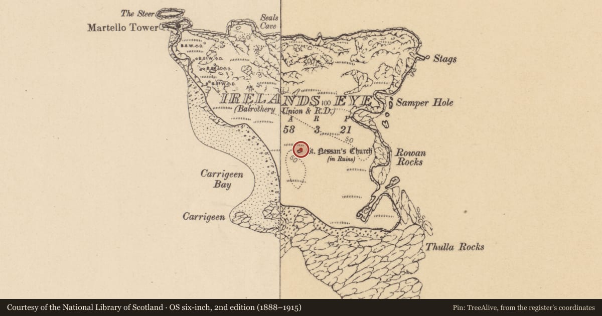 Ordnance Survey six-inch map, 2nd edition (1888–1915) covering the location of Church, Irelands Eye, County Dublin, with a pin at the register's coordinates