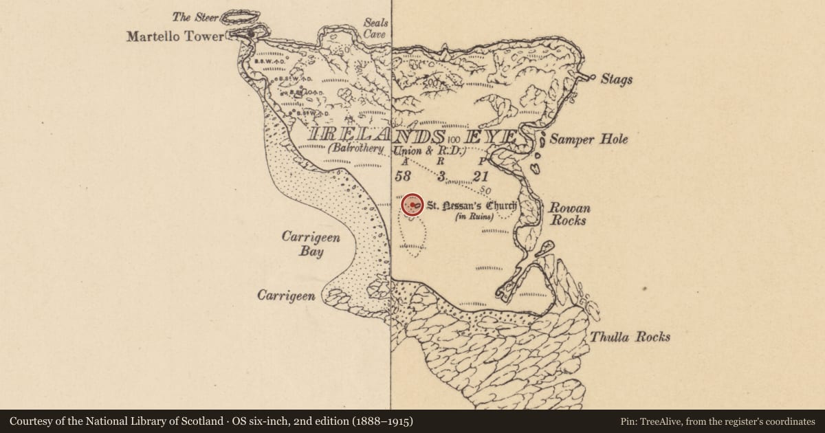 Ordnance Survey six-inch map, 2nd edition (1888–1915) covering the location of Burial, Irelands Eye, County Dublin, with a pin at the register's coordinates