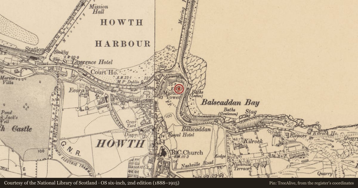 Ordnance Survey six-inch map, 2nd edition (1888–1915) covering the location of Castle - motte, Howth, County Dublin, with a pin at the register's coordinates