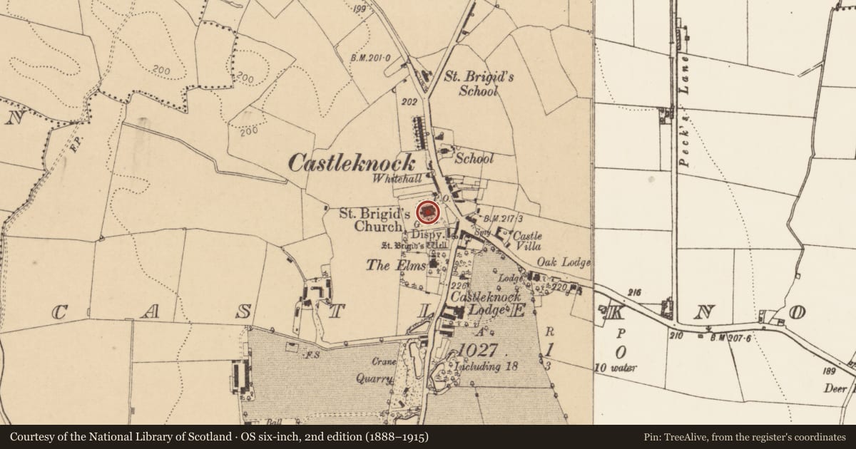 Ordnance Survey six-inch map, 2nd edition (1888–1915) covering the location of Church, Castleknock (Without Phoenix Park), County Dublin, with a pin at the register's coordinates