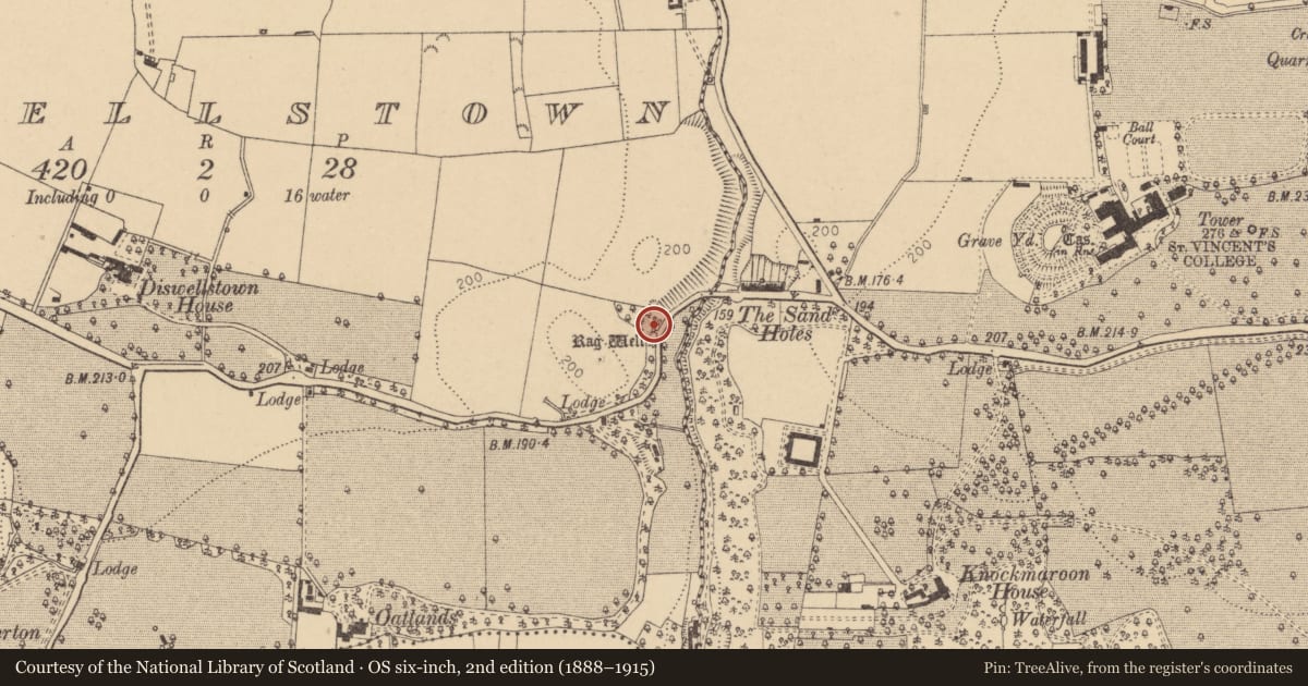 Ordnance Survey six-inch map, 2nd edition (1888–1915) covering the location of Ritual site - holy well, Diswellstown, County Dublin, with a pin at the register's coordinates