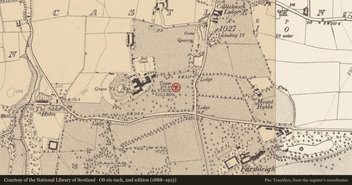 Ordnance Survey six-inch map, 2nd edition (1888–1915) covering the location of Burial, Castleknock (Without Phoenix Park), County Dublin, with a pin at the register's coordinates