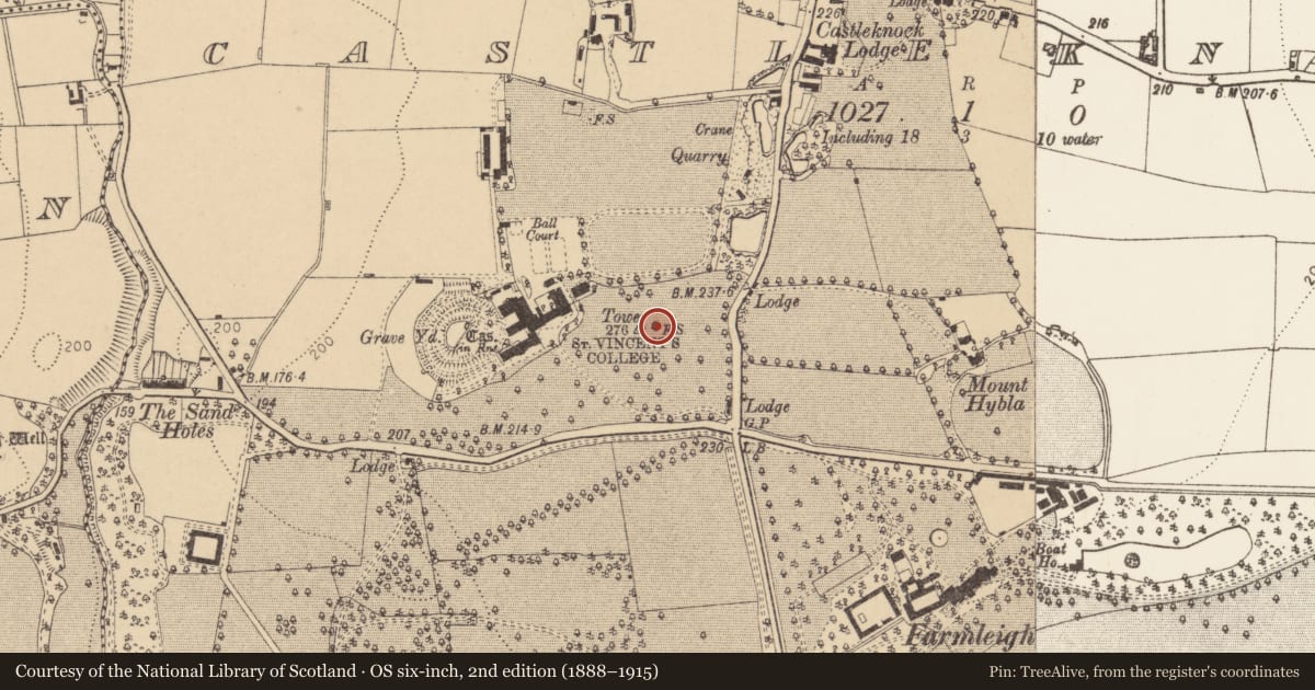 Ordnance Survey six-inch map, 2nd edition (1888–1915) covering the location of Designed landscape - belvedere, Castleknock (Without Phoenix Park), County Dublin, with a pin at the register's coordinates