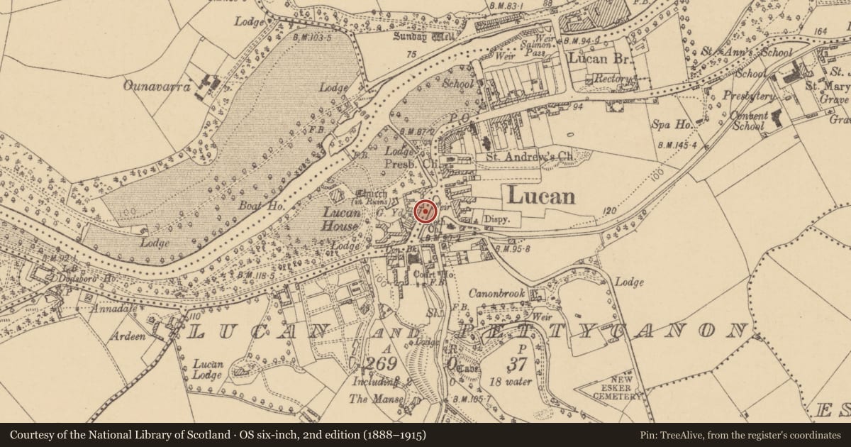 Ordnance Survey six-inch map, 2nd edition (1888–1915) covering the location of Historic town, Lucan And Pettycanon, County Dublin, with a pin at the register's coordinates