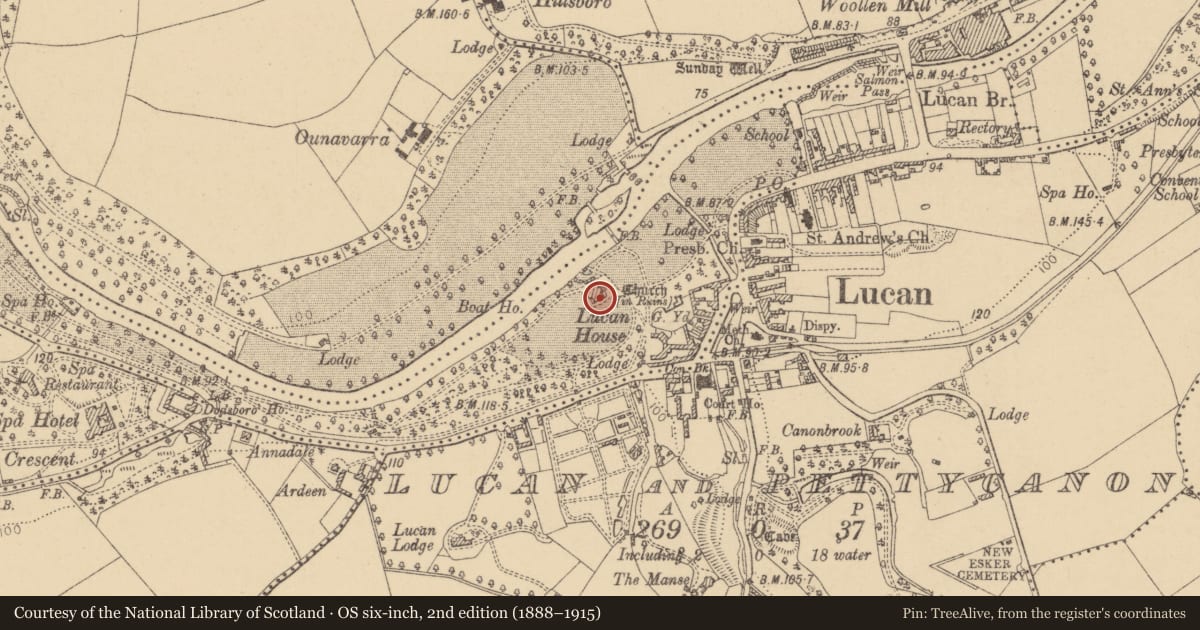 Ordnance Survey six-inch map, 2nd edition (1888–1915) covering the location of Castle - unclassified, Lucan Demesne, County Dublin, with a pin at the register's coordinates