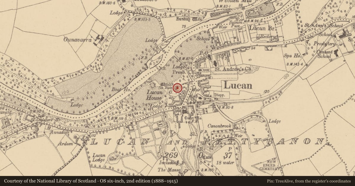 Ordnance Survey six-inch map, 2nd edition (1888–1915) covering the location of Church, Lucan Demesne, County Dublin, with a pin at the register's coordinates