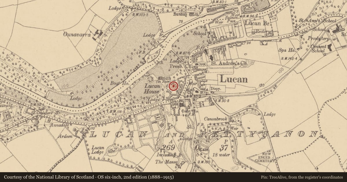 Ordnance Survey six-inch map, 2nd edition (1888–1915) covering the location of Graveyard, Lucan Demesne, County Dublin, with a pin at the register's coordinates