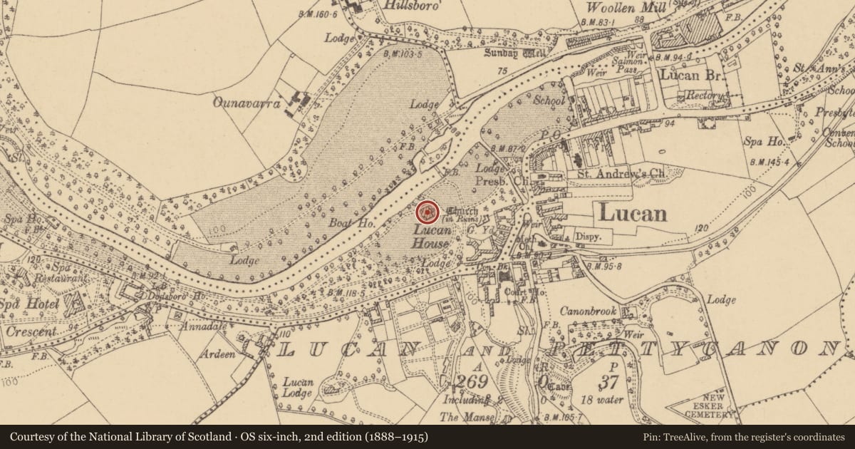 Ordnance Survey six-inch map, 2nd edition (1888–1915) covering the location of House - 16th/17th century, Lucan Demesne, County Dublin, with a pin at the register's coordinates