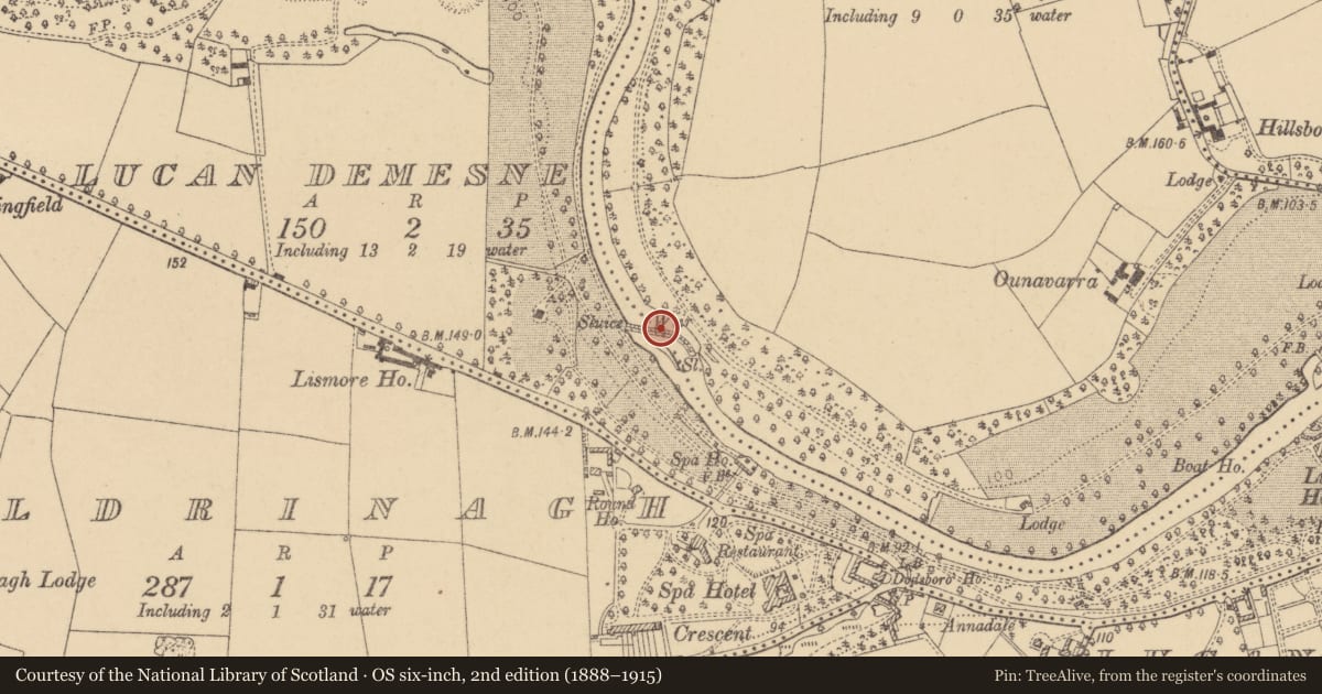 Ordnance Survey six-inch map, 2nd edition (1888–1915) covering the location of Weir - fish, Coldblow, Lucan Demesne, County Dublin, with a pin at the register's coordinates