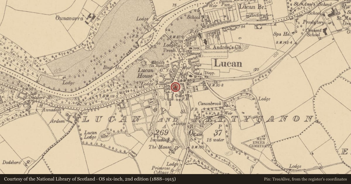Ordnance Survey six-inch map, 2nd edition (1888–1915) covering the location of Water mill - unclassified, Lucan And Pettycanon, County Dublin, with a pin at the register's coordinates