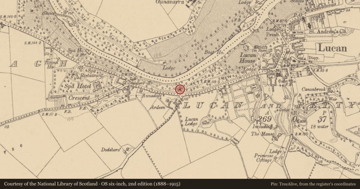 Ordnance Survey six-inch map, 2nd edition (1888–1915) covering the location of Ritual site - holy well, Lucan Demesne, County Dublin, with a pin at the register's coordinates
