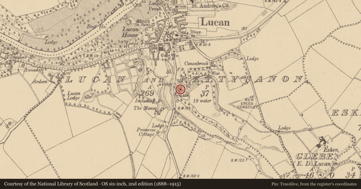 Ordnance Survey six-inch map, 2nd edition (1888–1915) covering the location of Ringfort - unclassified, Lucan And Pettycanon, County Dublin, with a pin at the register's coordinates