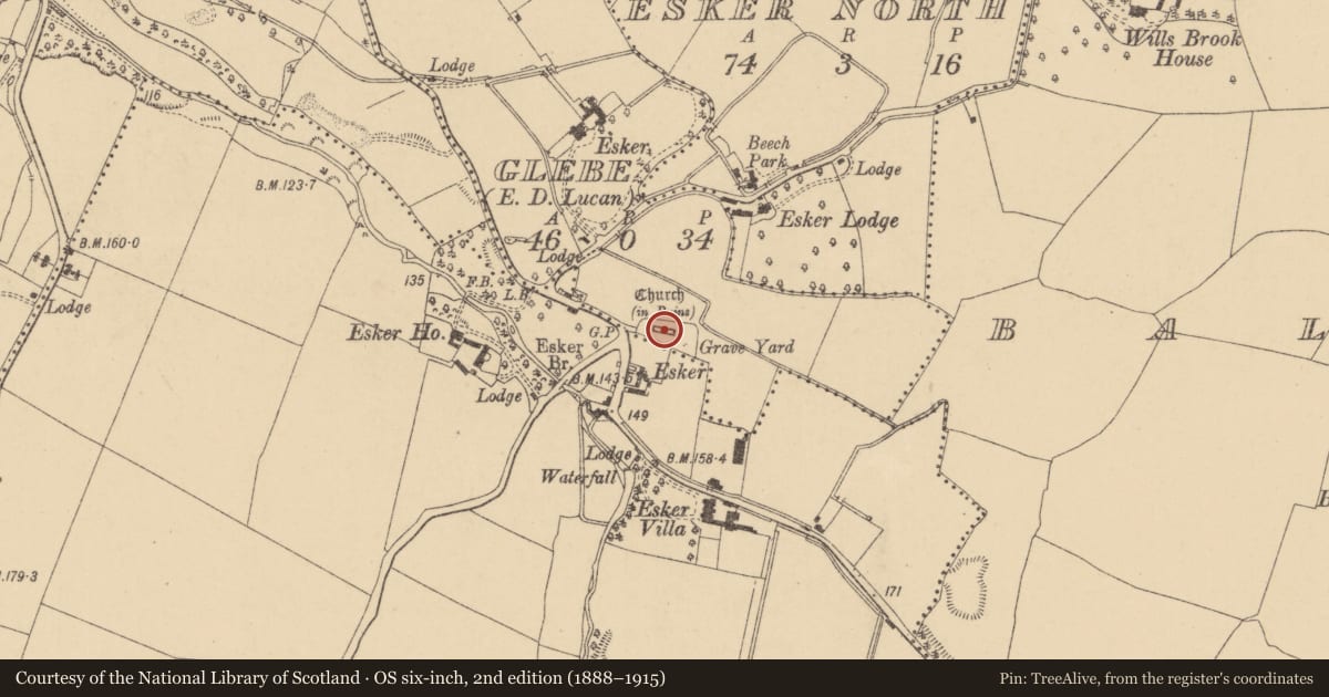 Ordnance Survey six-inch map, 2nd edition (1888–1915) covering the location of Church, Glebe, County Dublin, with a pin at the register's coordinates