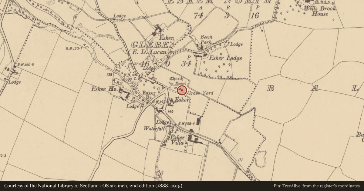 Ordnance Survey six-inch map, 2nd edition (1888–1915) covering the location of Graveyard, Glebe, County Dublin, with a pin at the register's coordinates